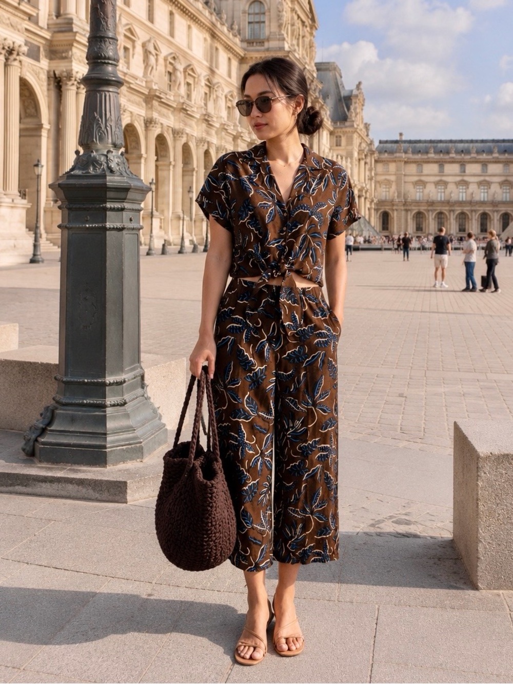 MANGO Brown Tropical Tie-Front Shirt and Cullote Coord Set
